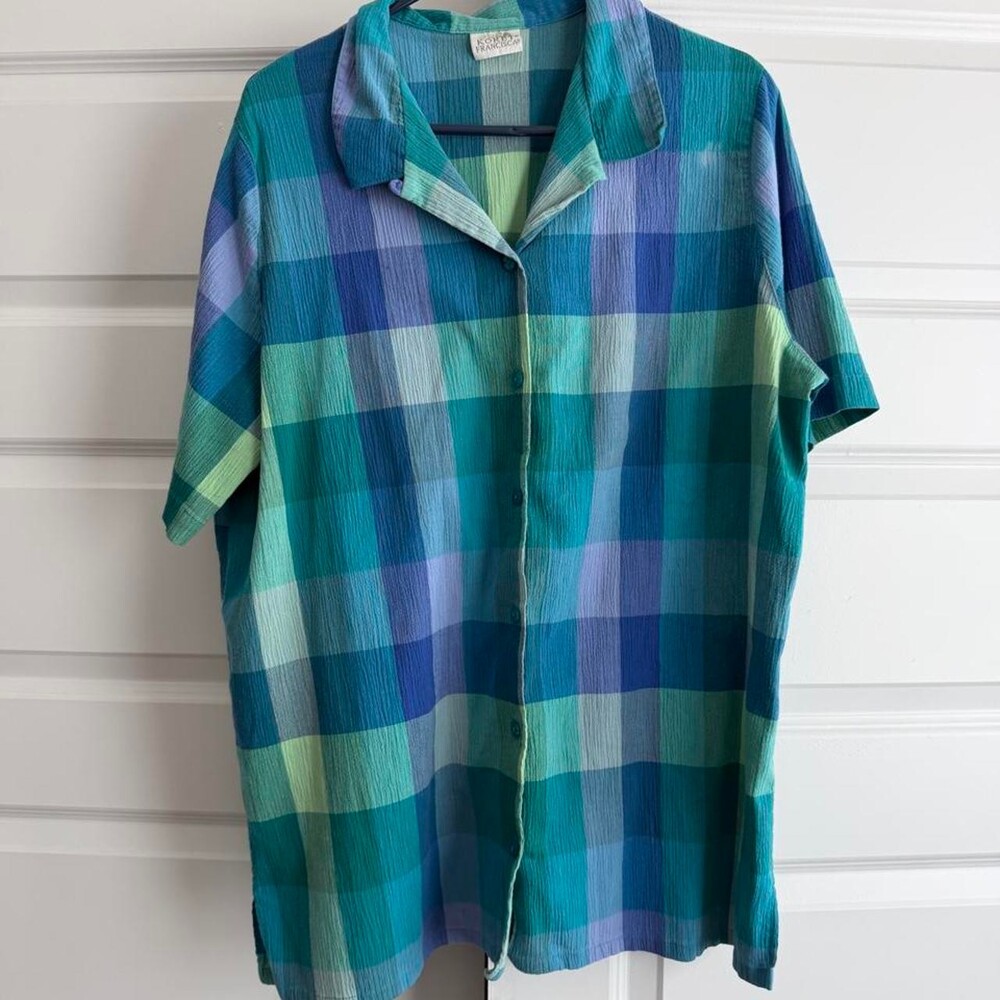 Vintage Koret Franciska blue, green, and purple plaid button-up shirt #plaid #pr